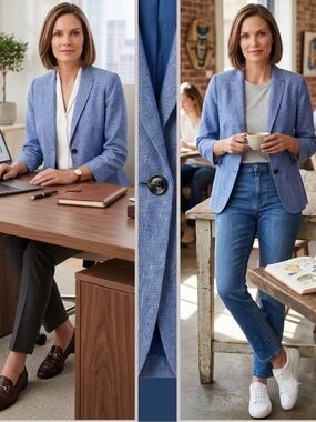 Talbots Sky Blue Linen-Blend Single-Button Blazer